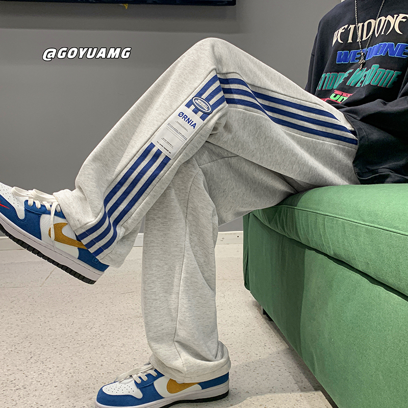 Striped sweatpants men's autumn and winter velvet design American high street sports pants trendy brand loose straight casual trousers