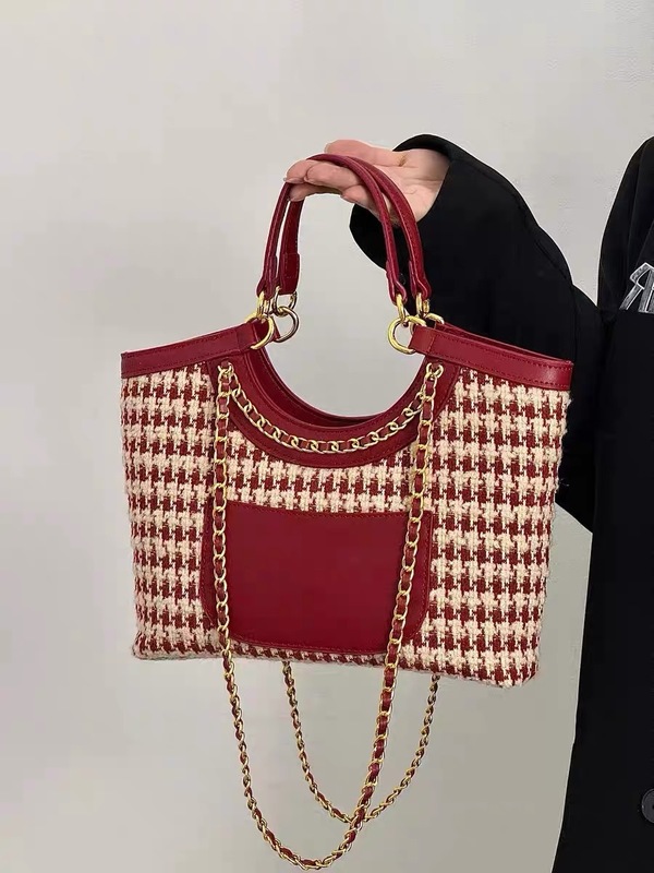 High-end Houndstooth Underarm Handbag Women's 2024 New Red Bag Bridal Wedding Bag Commuting Tote Bag