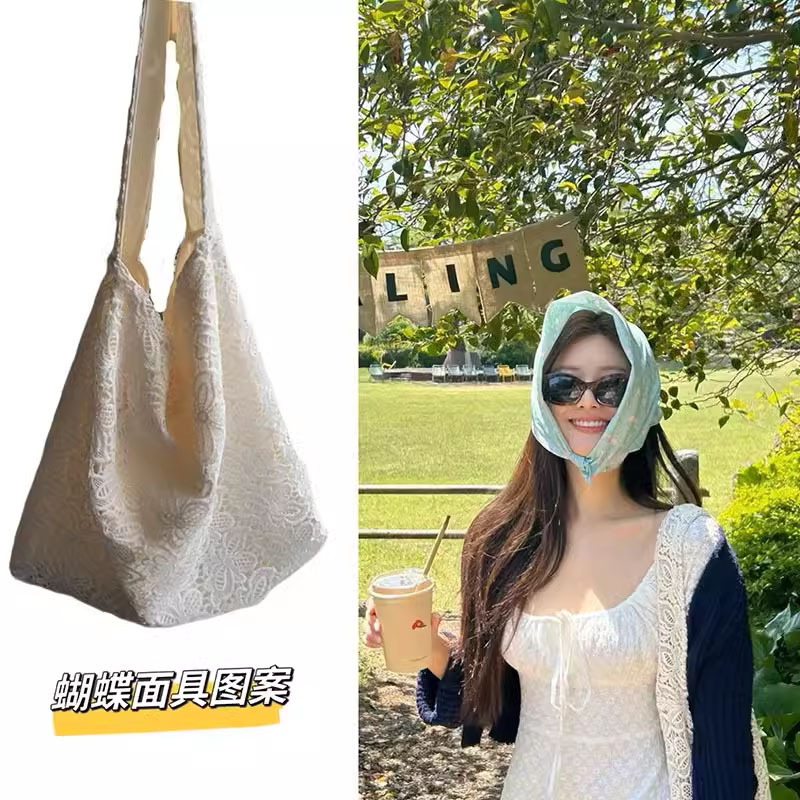 Zhao Lusi's same style shoulder bag for women, pastoral style, soluble lace, summer, gentle fairy, large capacity commuter tote bag