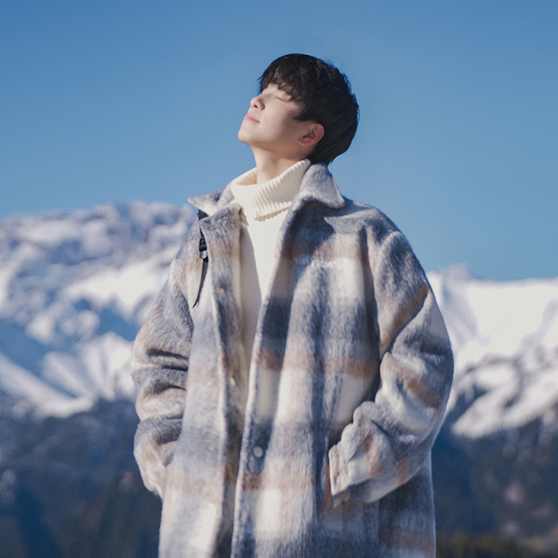 Retro plaid woolen coat men's autumn and winter thickened trendy brand contrasting clothes loose casual woolen coat