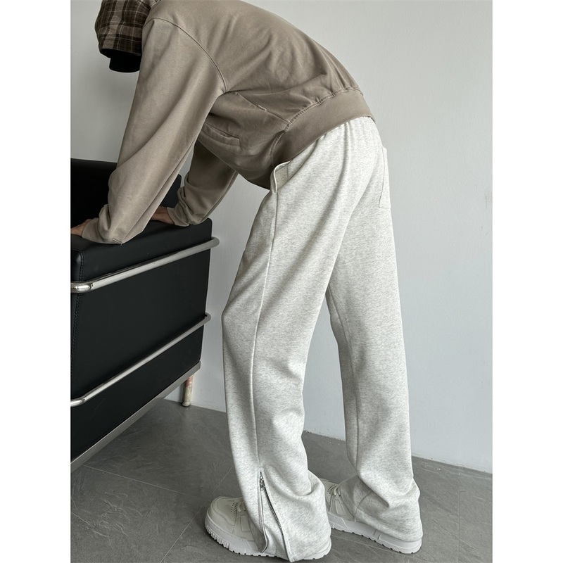 Floral gray drapey sweatpants for men, autumn American trendy trousers with zipper legs, loose and versatile straight trousers
