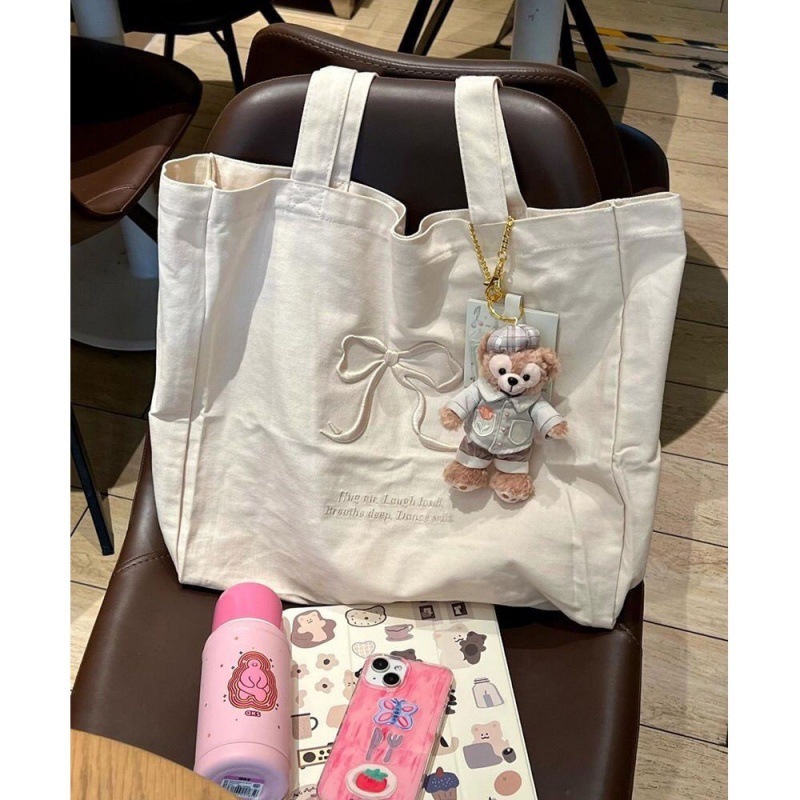 New bag large capacity embroidered bow 2024 canvas bag sweet new tote single shoulder student commuting to class