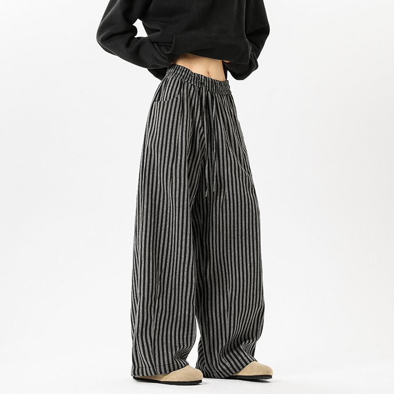 American retro vertical striped wide-leg casual pants for men, loose and drapey, versatile straight-leg long pants