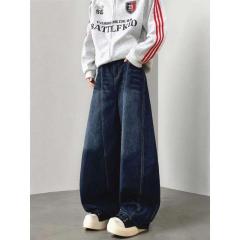 American high street scimitar design washed dark blue jeans for men floor-length straight wide-leg pants