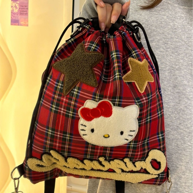 Hello Kitty Japanese cute retro American red plaid backpack college style commuter small backpack for women