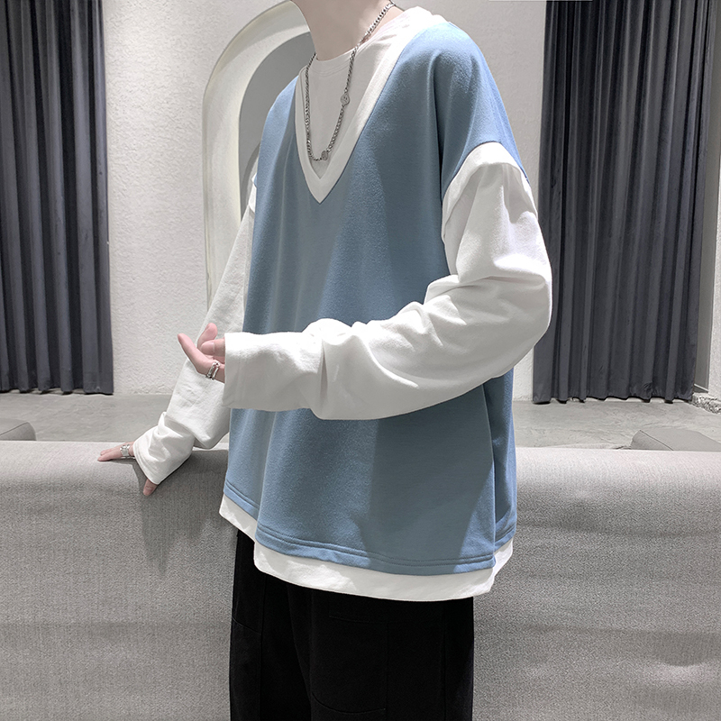 Autumn couple solid color fake two-piece long-sleeved T-shirt loose contrasting color sweatshirt