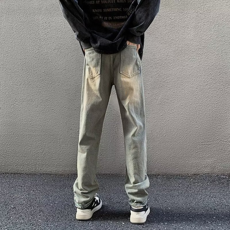 Yellow mud jeans for boys summer American retro high street straight trend brand trendy loose black
