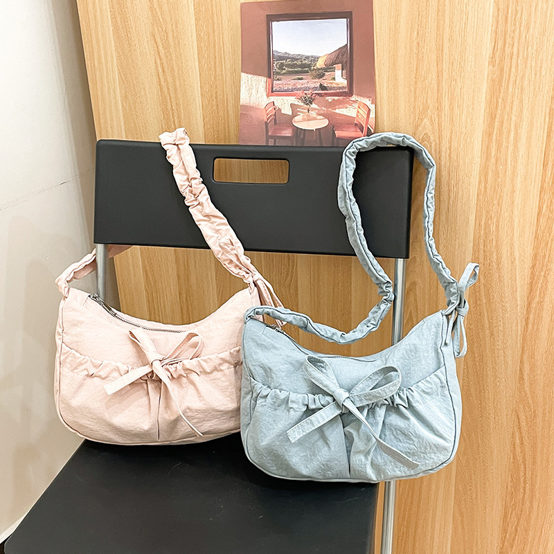 Drawstring pleated nylon bag ballet girl style ribbon bow shoulder bag nylon dumpling bag armpit bag