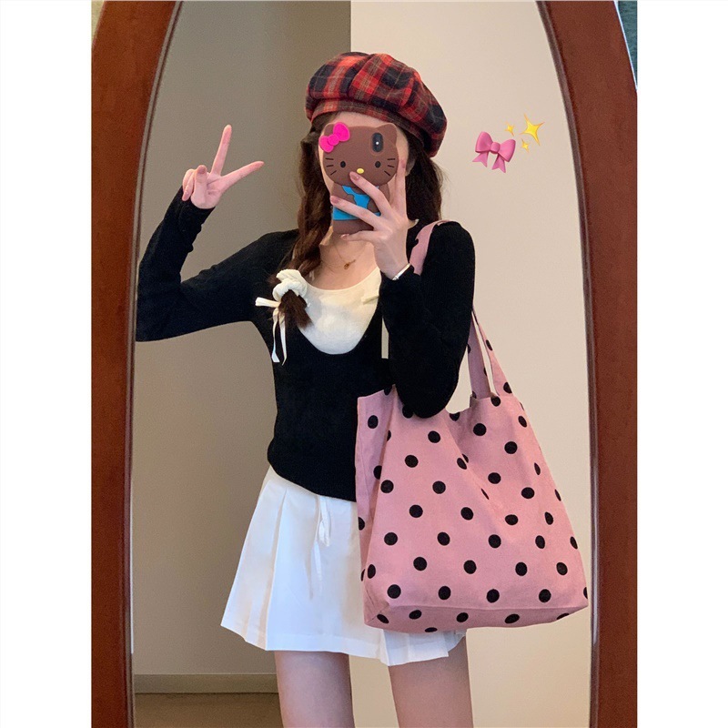 Early spring pink polka dot tote bag, versatile, sweet, cool and cute, college student canvas bag, shoulder bag, 2024 new style