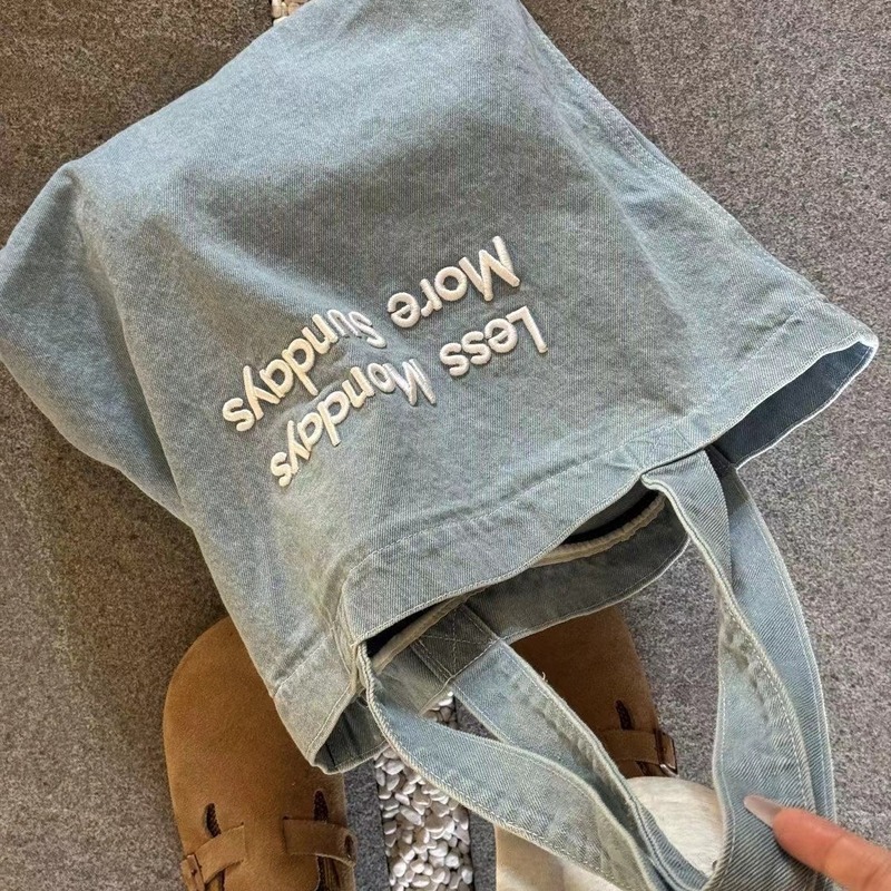 Retro American canvas bag ins style large student commuter literary shoulder class denim shoulder tote bag for women