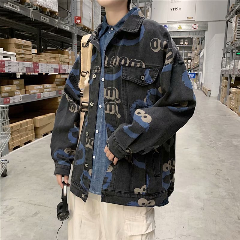 Autumn new printed denim jacket male couple student jacket