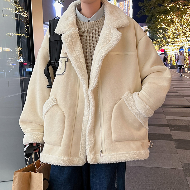 Fur all-in-one jacket, winter warm loose cotton coat, trendy men's large size thickened cotton coat