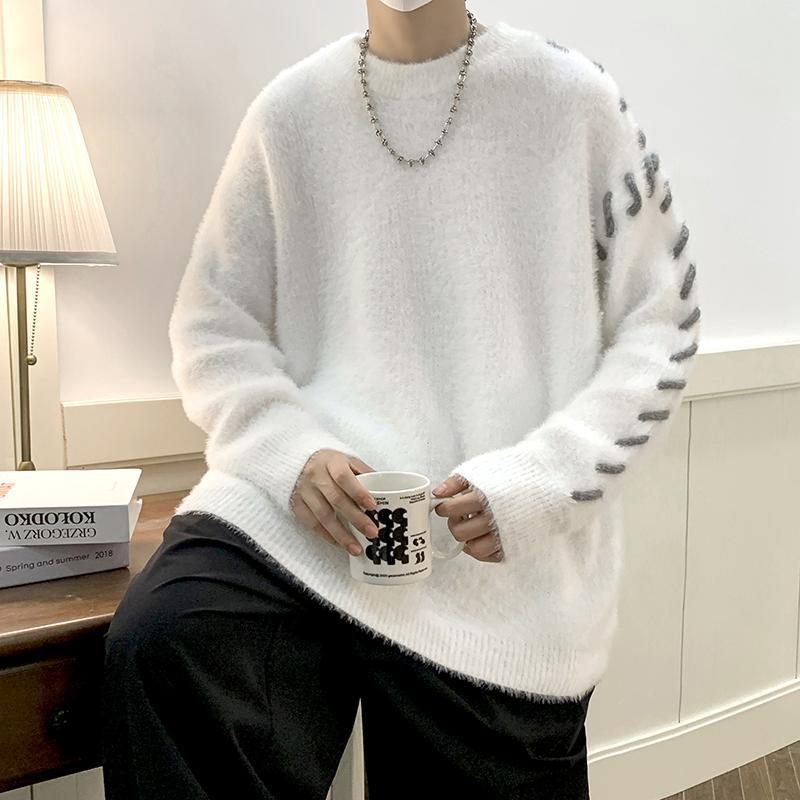 New high-end design round neck men's mohair black and white stitching sweater jacket