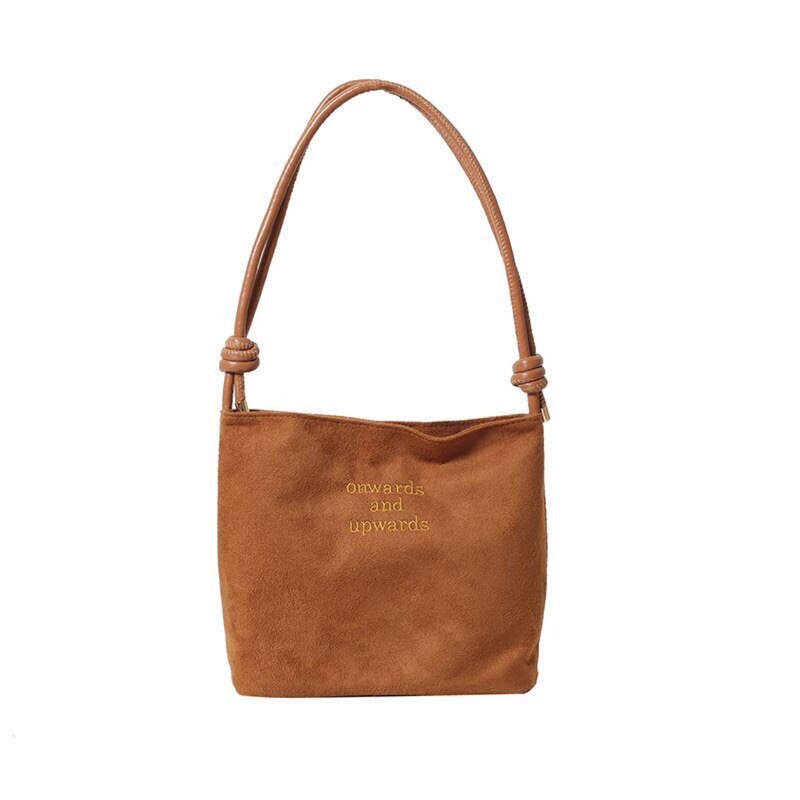 Original light luxury exquisite buckskin bucket bag for women Korean version autumn and winter retro versatile letter shoulder bag crossbody bag