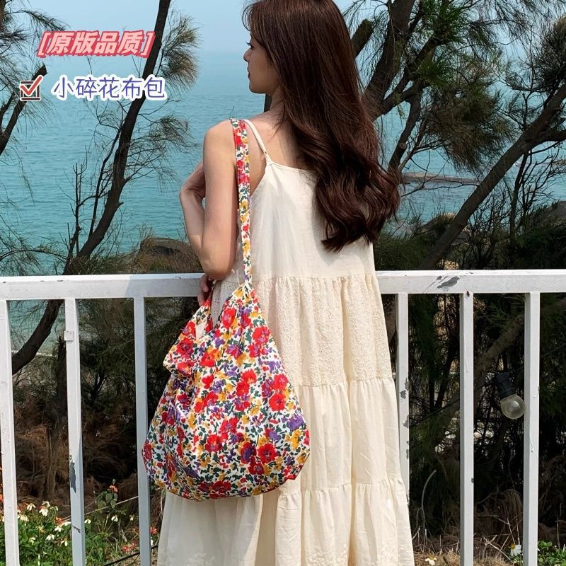 Korean retro floral canvas bag spring and summer new style small fresh girly style single shoulder crossbody bag large capacity tote bag