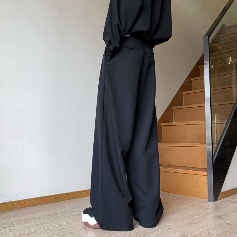 High-quality wide-leg suit pants, neutral drape, straight-leg floor-length casual pants