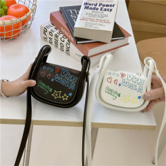 Children's bag, girl's parent-child lipstick bag, new silver printed graffiti mini saddle bag, fashionable and cute crossbody bag