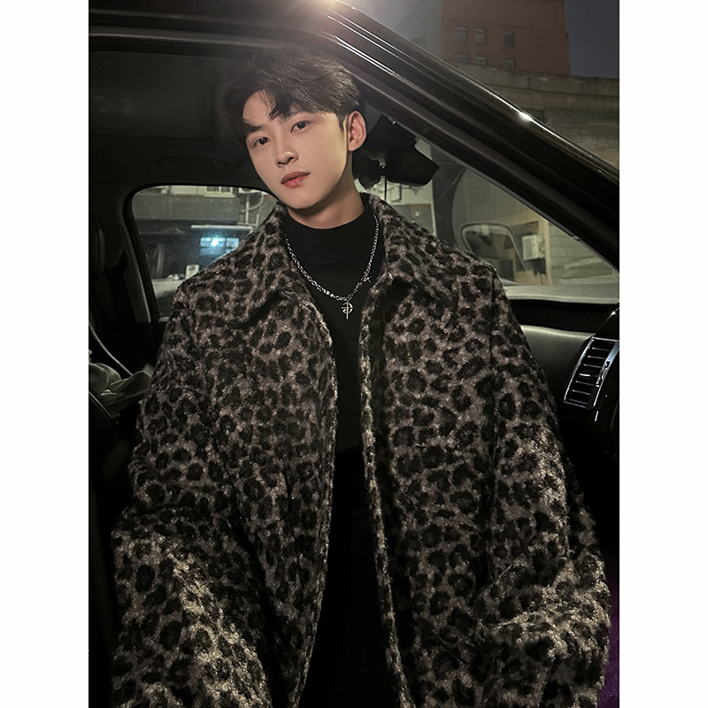 Xiaoxiangfeng leopard print woolen thick coat jacket for men and women handsome lazy style high-end woolen coat