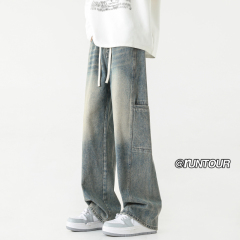 Jeans men's autumn loose retro washed American style multi-pocket straight overalls