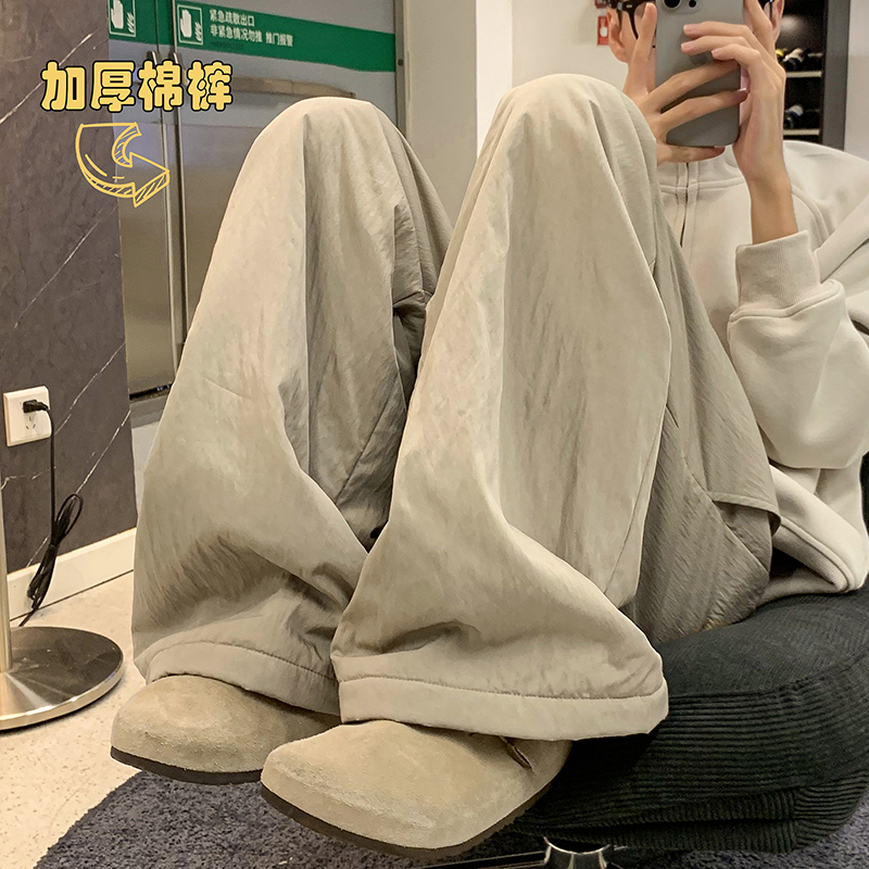 Straight, loose, lazy-style cotton pants for men in winter, thickened Northeast casual pants for casual wear, warm pants for casual wear