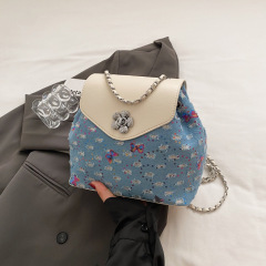 New niche design chain hole denim backpack women's fashion sequined small bag shoulder bag