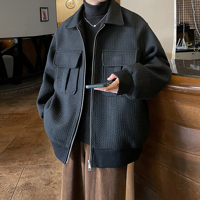 Three-dimensional plaid oversize loose woolen coat thick warm coat men's casual jacket