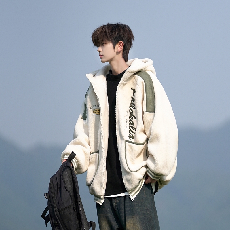 Newport style large size loose cotton coat plush lining thickened cotton coat plush jacket for men