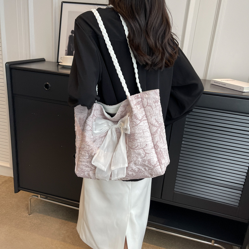 Bags for Women Niche Design Knitted Bow Contrast Color Shoulder Bag Versatile Casual Travel Handheld Tote Bag for Women