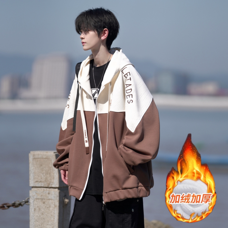 Camera film plus velvet and thickened contrasting color embroidery large size Hong Kong style stitching sweatshirt fashion jacket for men