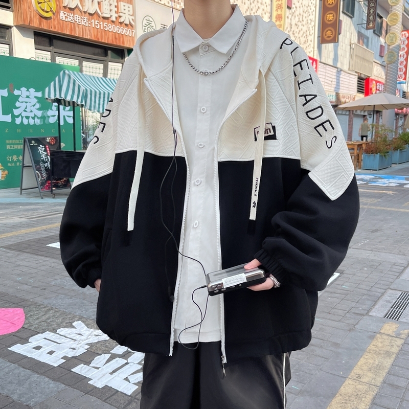 Autumn and winter contrasting color embroidered large size Hong Kong style loose patchwork sweatshirt fashion jacket
