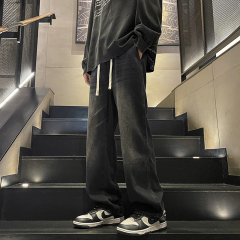 Straight-leg jeans for men, autumn new style, American retro elastic waist, casual loose wide-leg pants