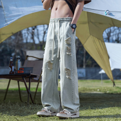 Spring men's elastic pants Hong Kong style jeans loose straight fit versatile trendy American style water holes