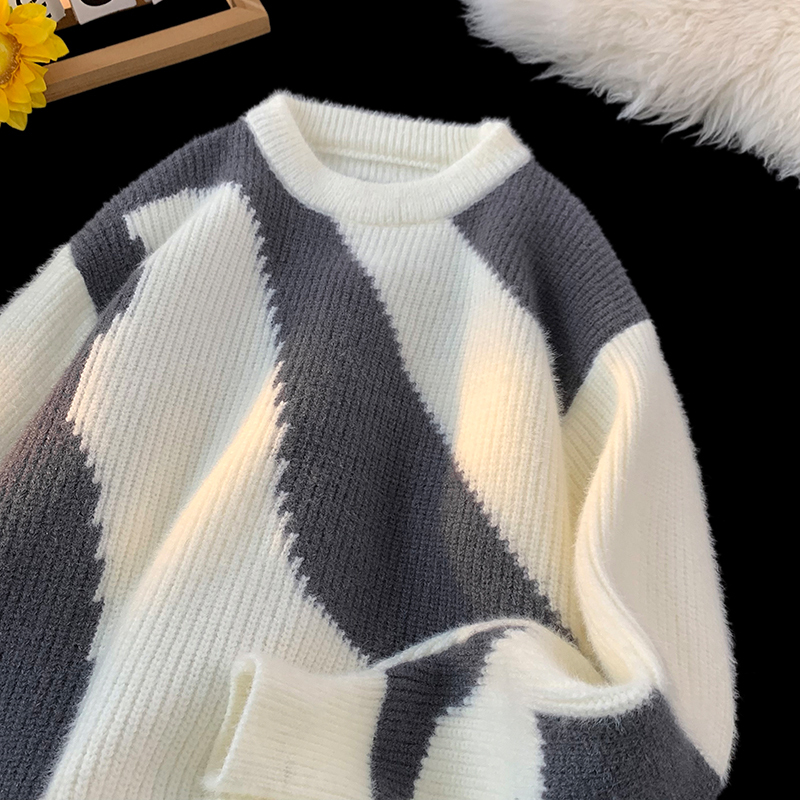 Hong Kong Style Autumn and Winter New Contrast Color Round Neck Sweater Men's Trendy Loose Knitwear