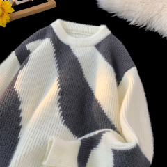 Hong Kong Style Autumn and Winter New Contrast Color Round Neck Sweater Men's Trendy Loose Knitwear