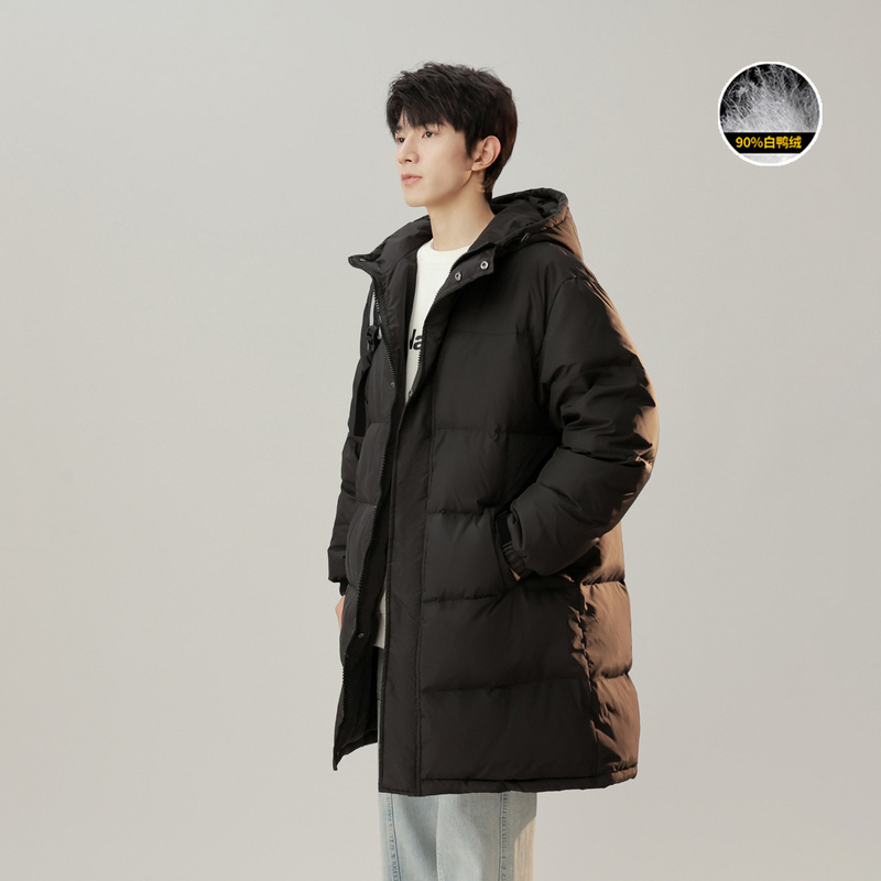 White duck down trendy light panel hooded long down jacket warm jacket