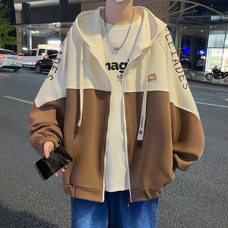 Autumn and winter contrasting color embroidered large size Hong Kong style loose splicing sweatshirt fashion jacket for men