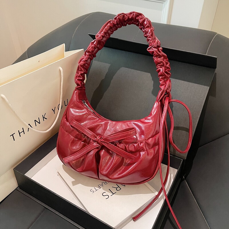 Niche design ballet style drawstring bow small square bag women's cloud crossbody summer armpit dumpling shoulder bag