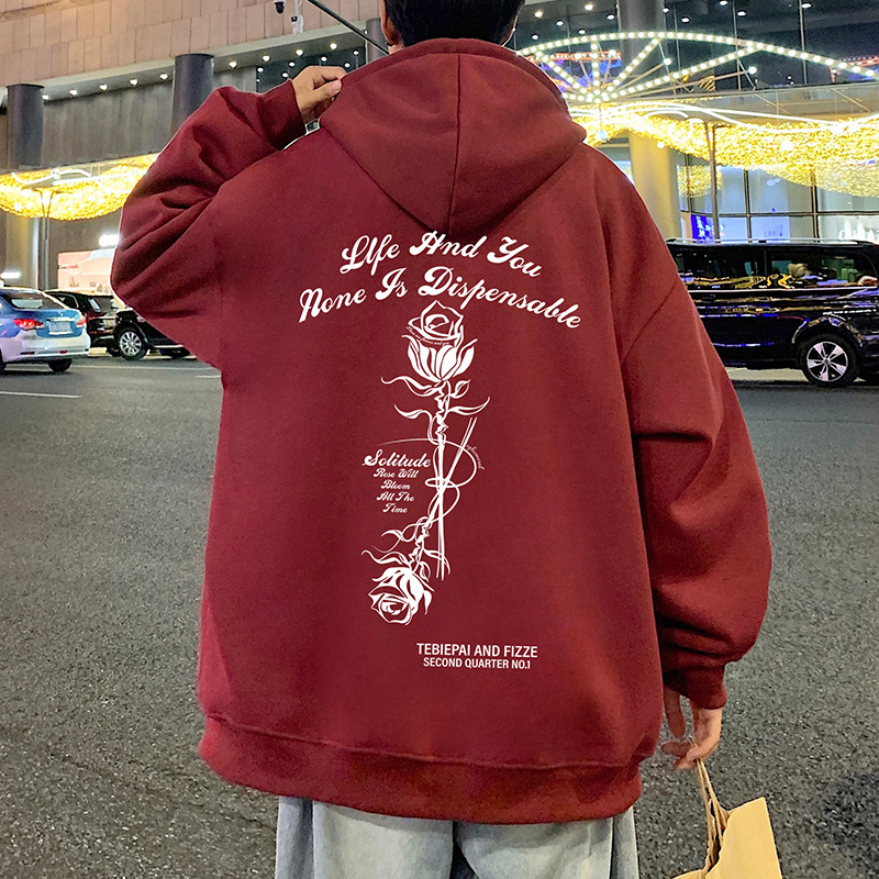 Autumn and winter pure cotton burgundy sweatshirt loose trendy brand couple wear hoodie hooded jacket