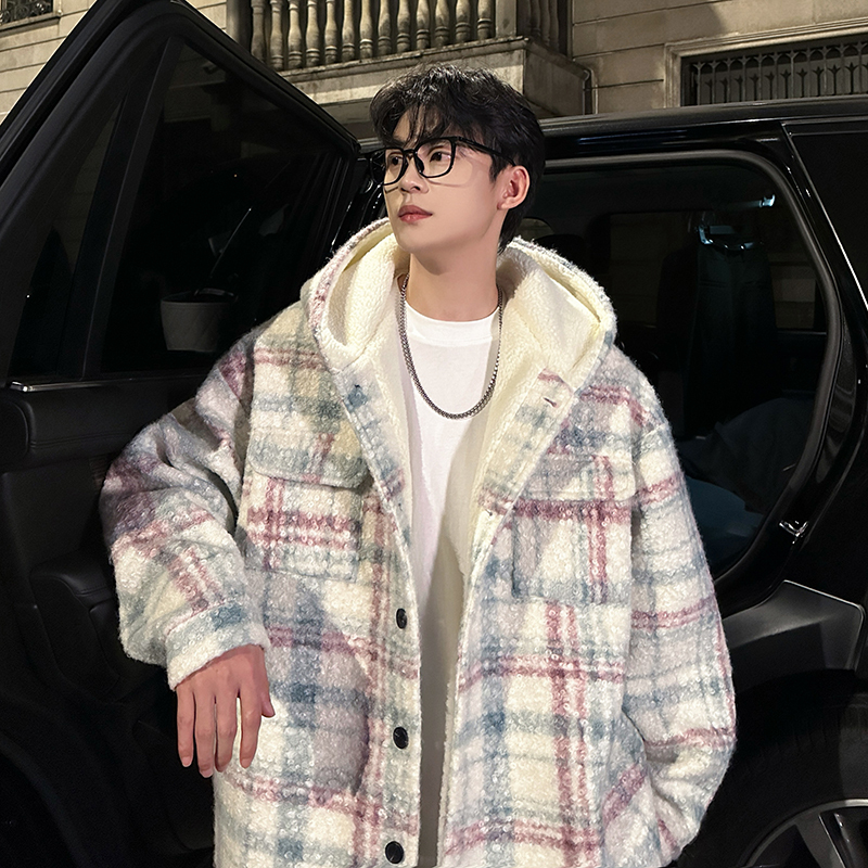 Striped ins thickened mid-length lamb wool coat hooded cotton coat for men