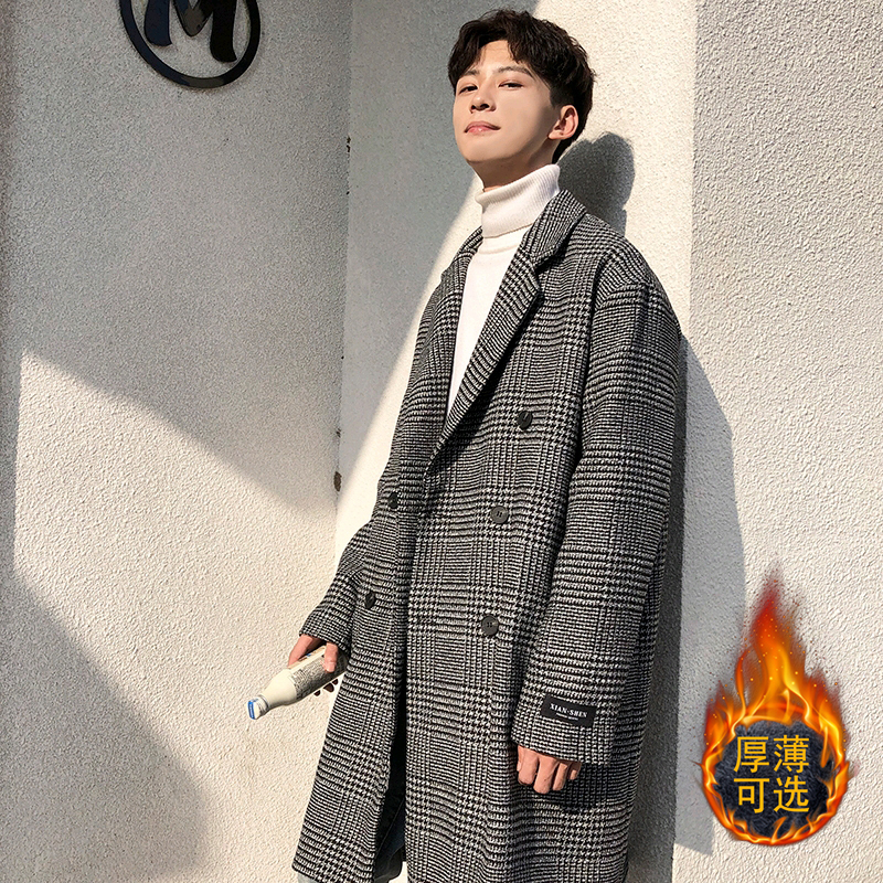 Autumn and winter houndstooth plaid windbreaker jacket Hong Kong style handsome loose woolen coat has been inspected for quality