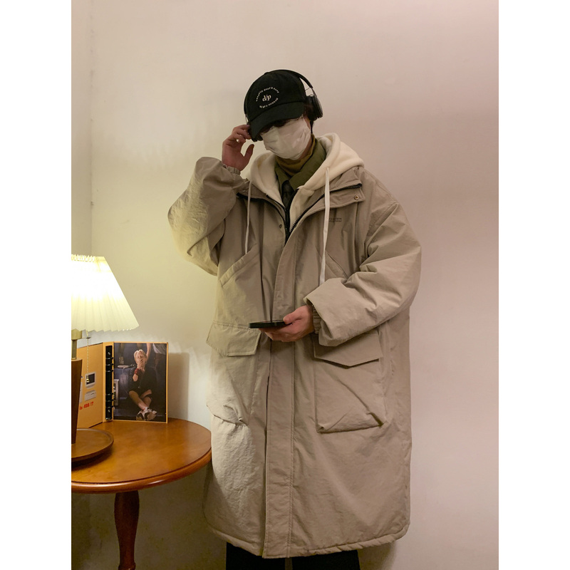 Winter mid-length fake two-piece cotton-padded jacket with hood and three-dimensional pockets