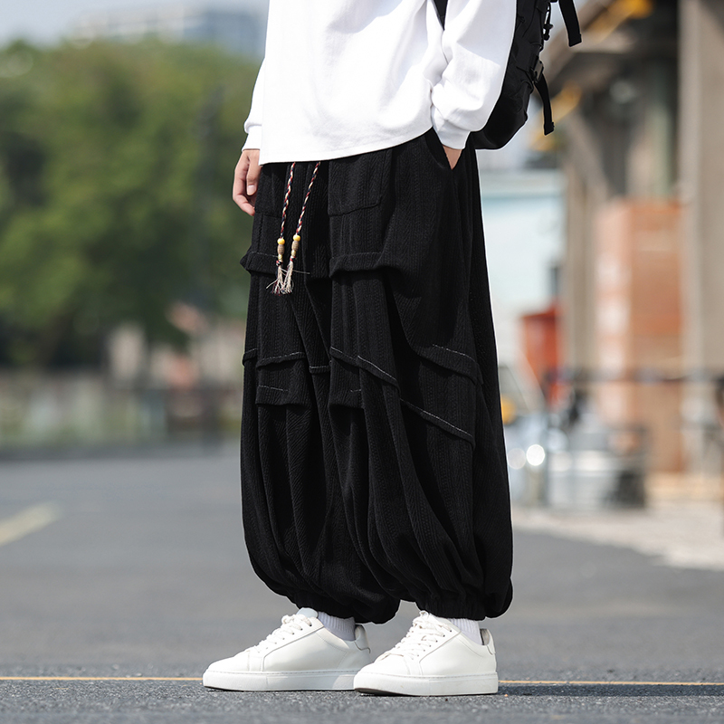 New Chinese style C dark topstitch design corduroy pleated niche design wide leg pants bucket