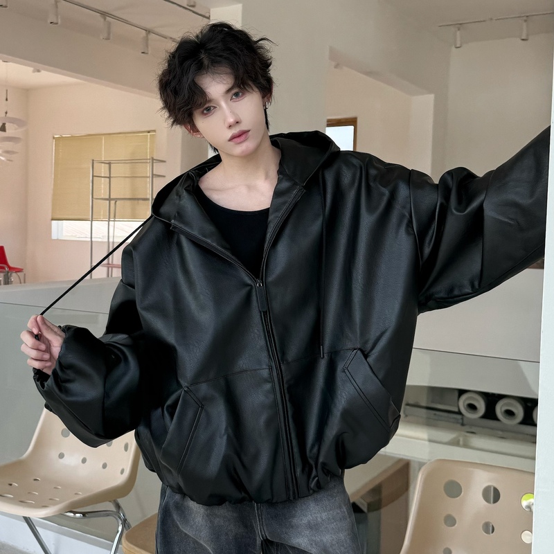 Autumn and winter leather jackets, fashionable short coats, stylish loose-fitting loose hooded jackets