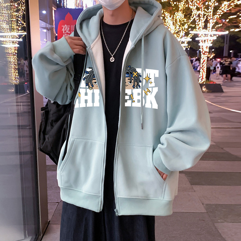 Autumn and winter sweatshirt men's loose zipper cardigan trendy high street retro hooded jacket