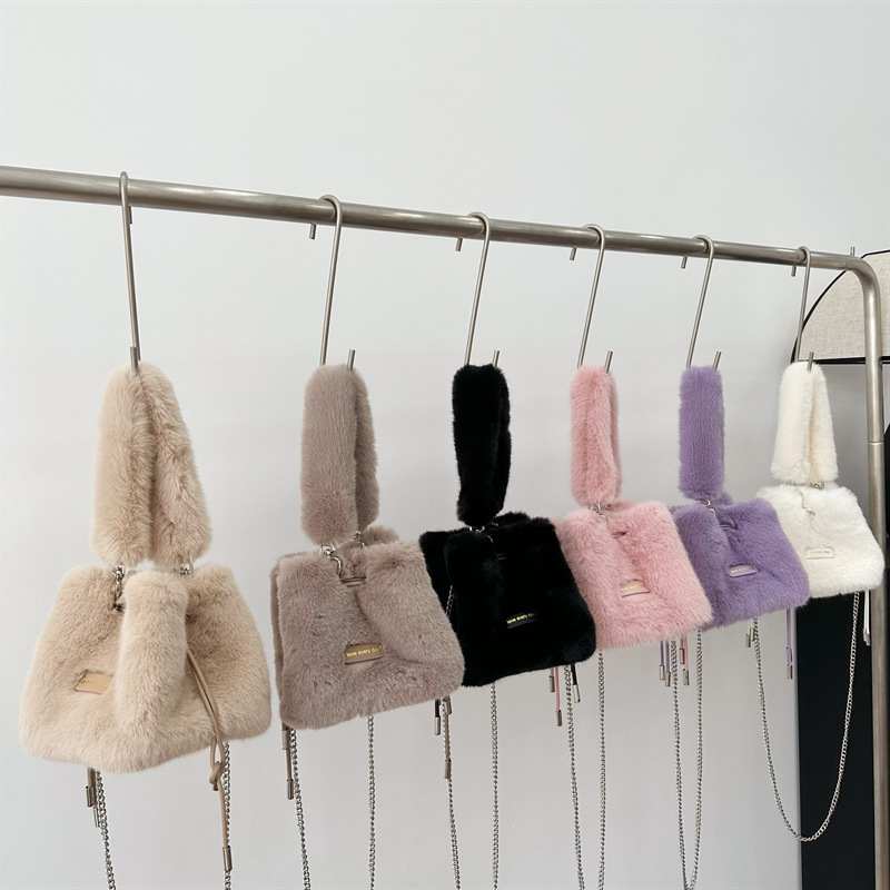 New autumn and winter plush handbag imitation mink drawstring chain niche design ins style simple retro rice dumpling bag