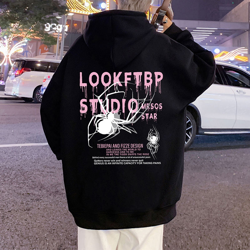 New pure cotton hooded plus velvet sweatshirt high street fashion brand couple loose coat thickened