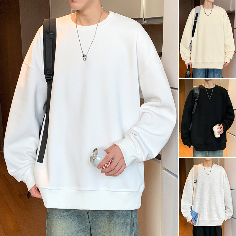 Autumn and winter round neck solid color sweatshirt men's retro hooded pullover top oversize jacket