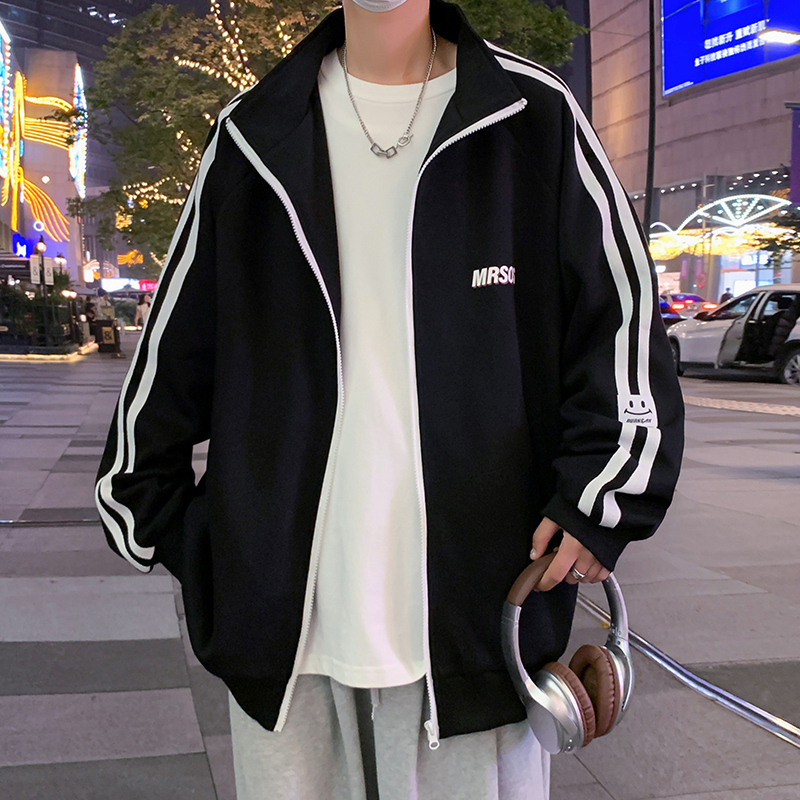 Autumn and winter loose retro sweatshirt zipper cardigan striped jacket Hong Kong style coat