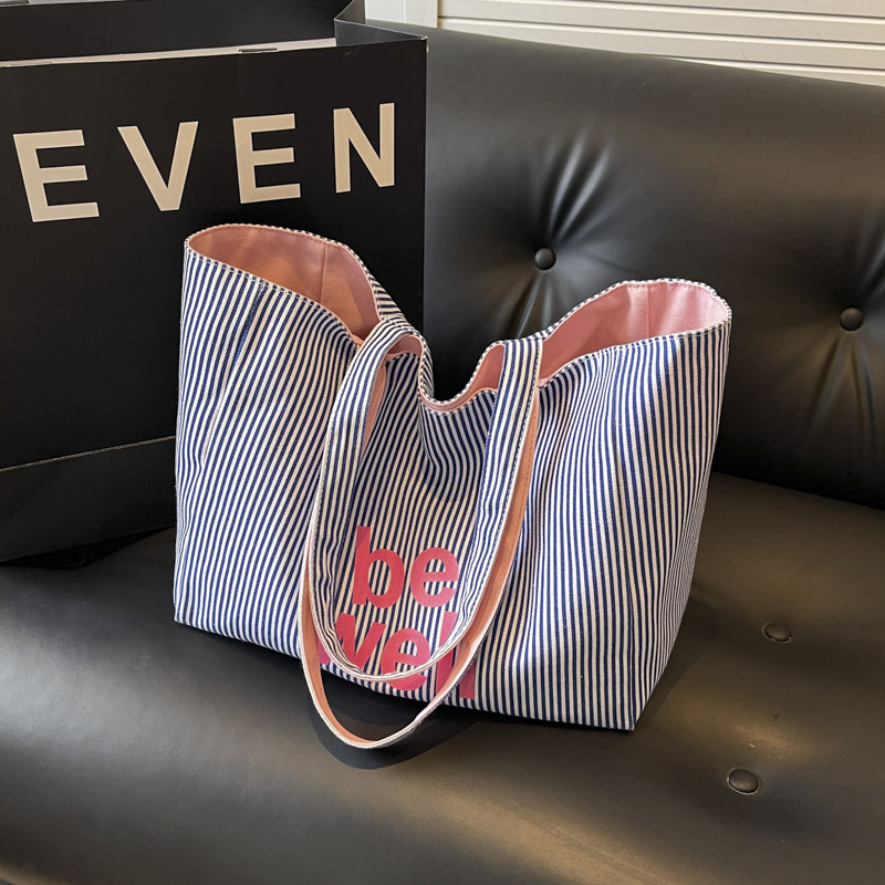 Korean style fashionable striped printed letters double-sided universal shopping bag canvas bag 2024 new mommy shoulder bag