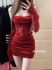Christmas atmosphere shirt for women in autumn and winter sexy hottie fishbone waist slimming velvet suspender dress hip-covering short skirt